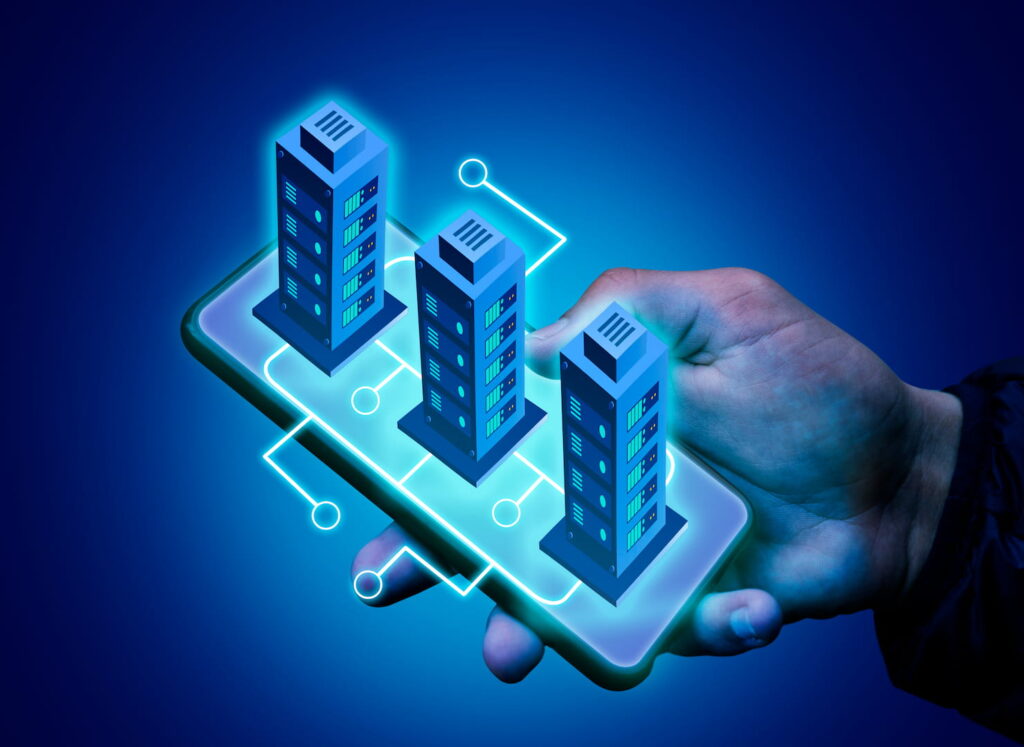 Man holding smartphone with apartment buildings hologram 1080